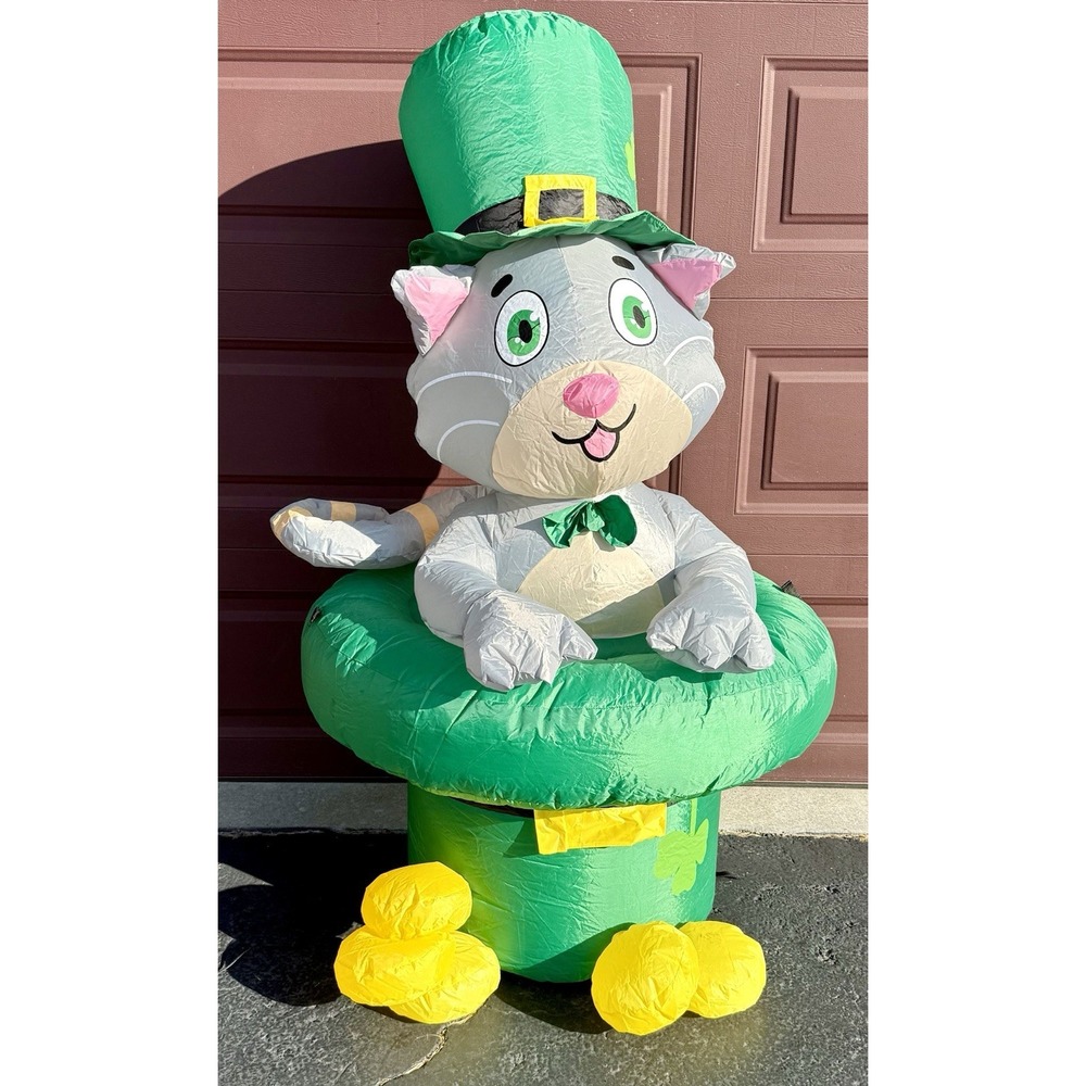 Inflatable Gray Cat In Lepercaun Hat 5' Foot Tall Happy St Patrick's Day NEW!